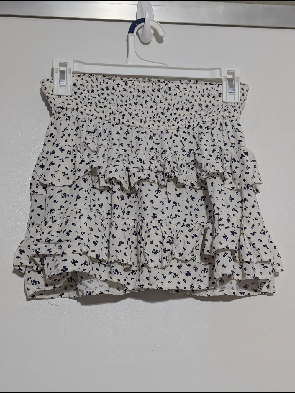 Tiered Ruffle Mini Skort in White with Navy Floral Print